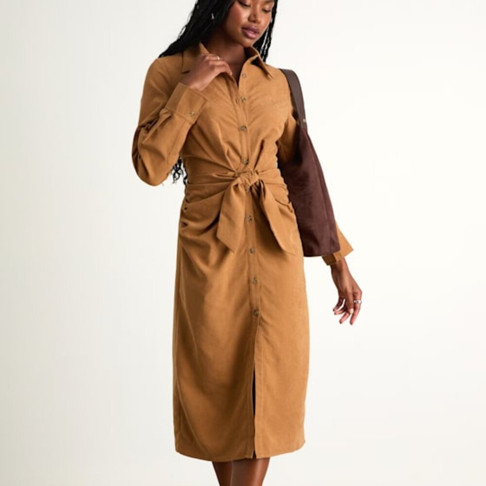 Lulus Autumnal Views Tan Suede Button-up Tie-front Midi Dress Brown - Size L